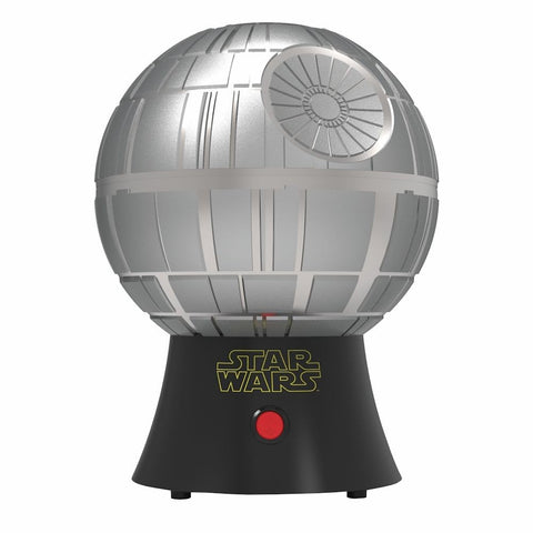 Uncanny Brands Death Star popcorn maker cover closeup highlights the transparent window.