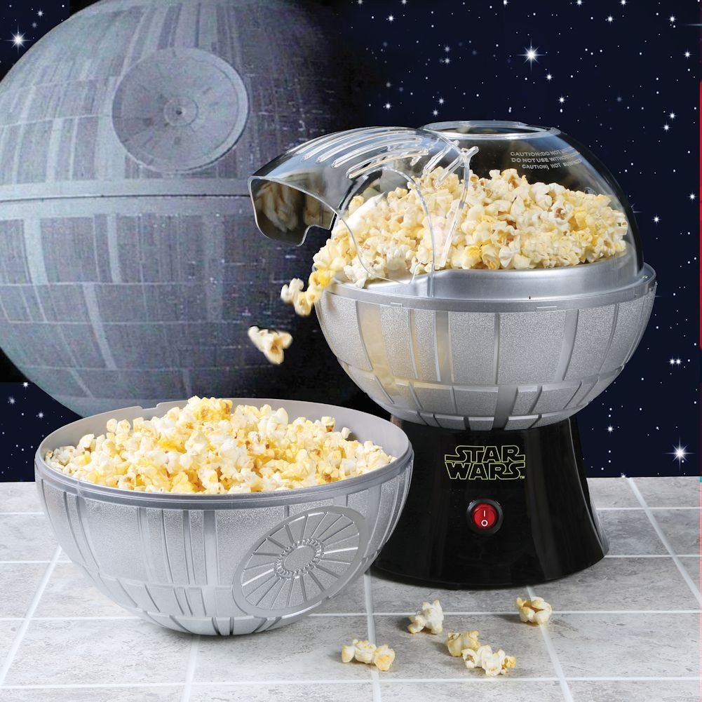 Uncanny Brands Death Star popcorn maker ready to serve for sci-fi movie nights.