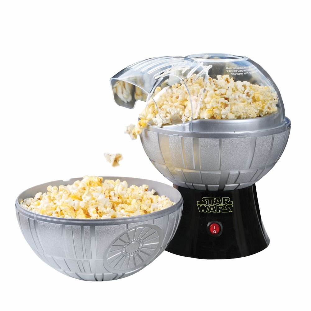 Uncanny Brands Death Star popcorn maker unit shows oil-free hot-air popping for a healthier snack.