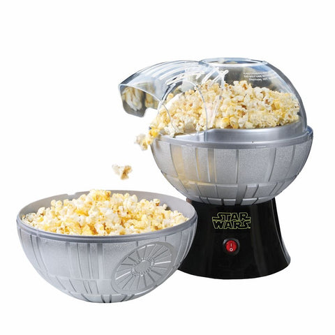 Uncanny Brands Death Star popcorn maker unit shows oil-free hot-air popping for a healthier snack.