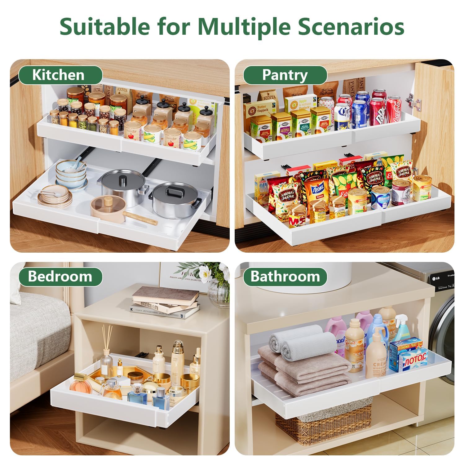 Under-sink pull-out organizer in white keeps cleaning supplies organized.
