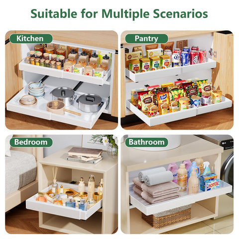 Under-sink pull-out organizer in white keeps cleaning supplies organized.