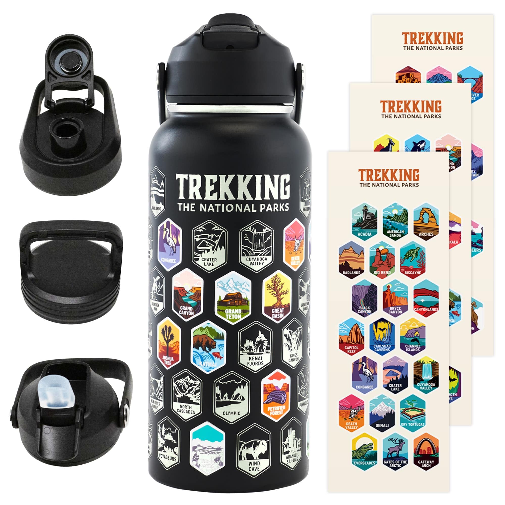 Underdog Games bottle front view with 63 National Park stickers.
