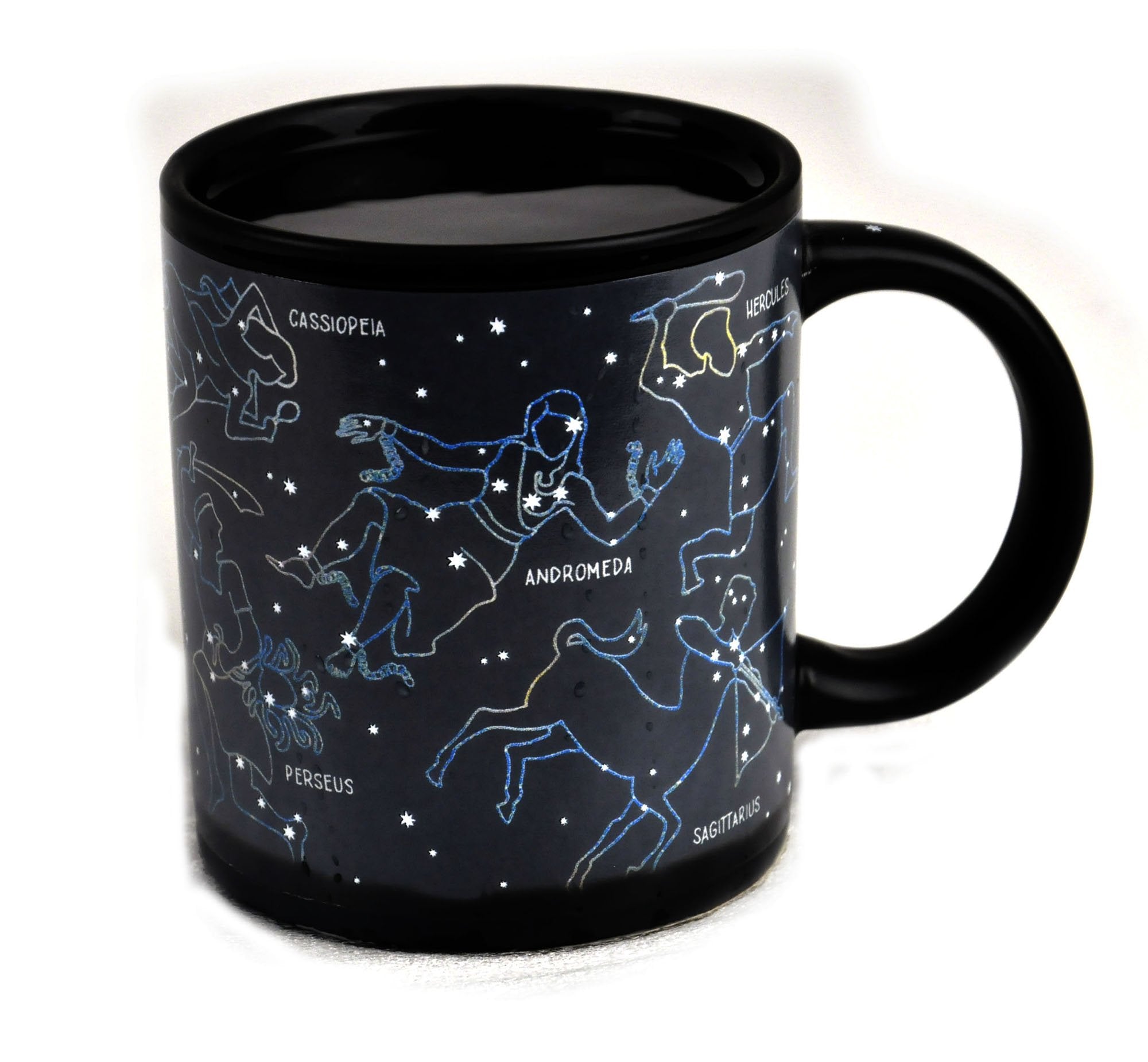 The Unemployed Philosophers Guild heat-changing constellation mug front view reveals hidden constellations when hot, ideal for cozy mornings.