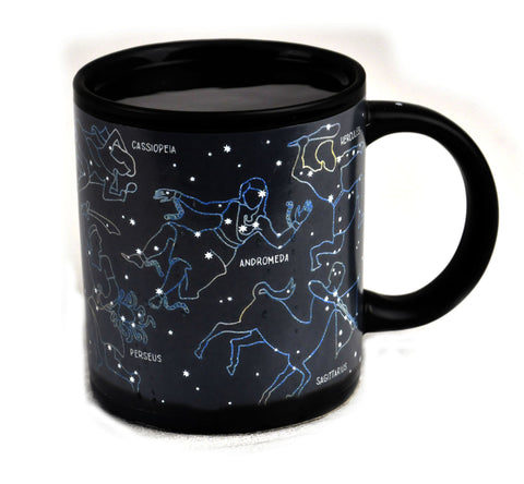 The Unemployed Philosophers Guild heat-changing constellation mug front view reveals hidden constellations when hot, ideal for cozy mornings.