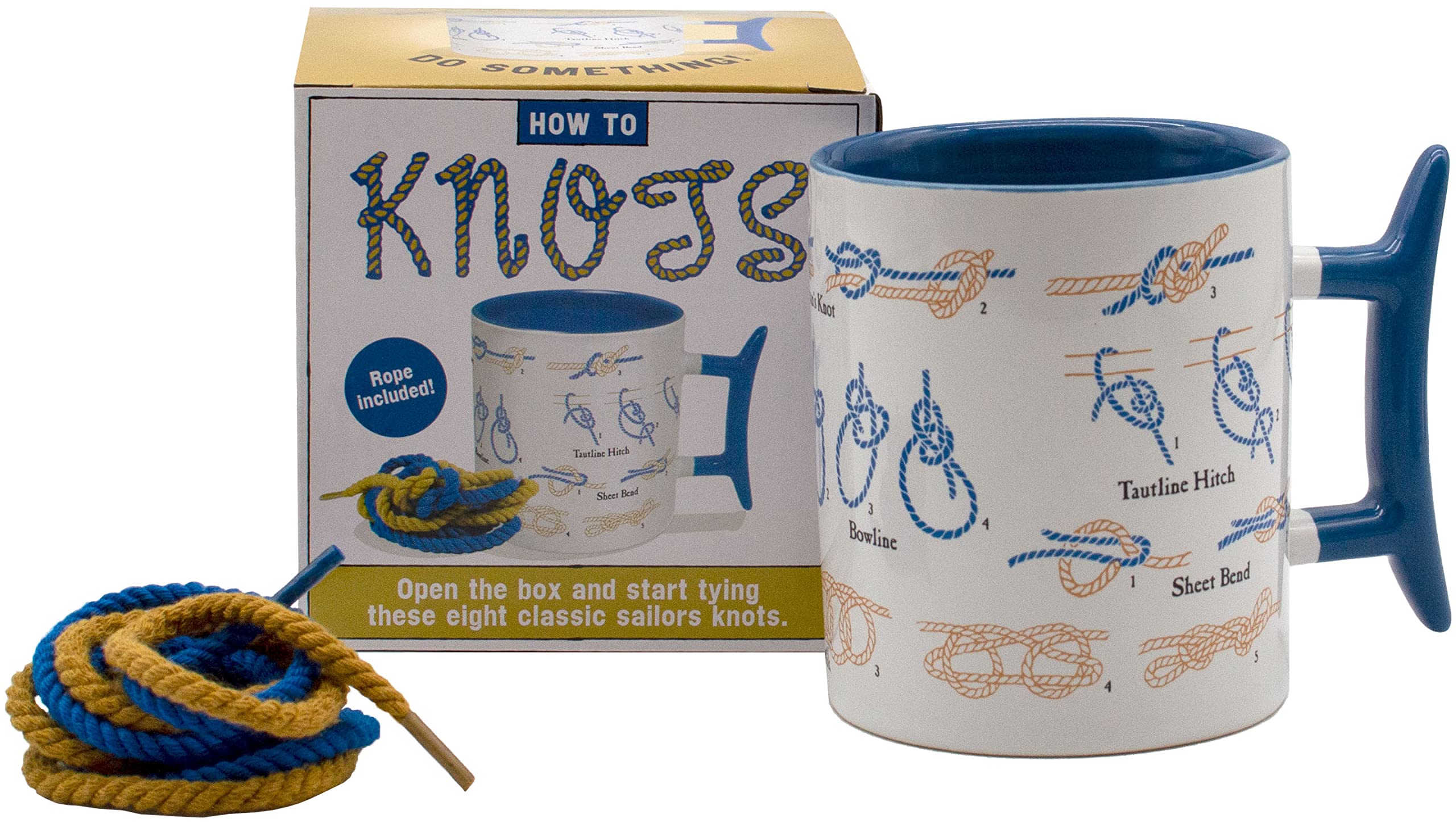 The Unemployed Philosophers Guild How To Tie Knots Mug with handle cleat for easy knot practice.