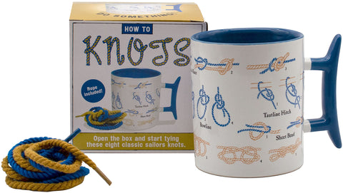 The Unemployed Philosophers Guild How To Tie Knots Mug with handle cleat for easy knot practice.