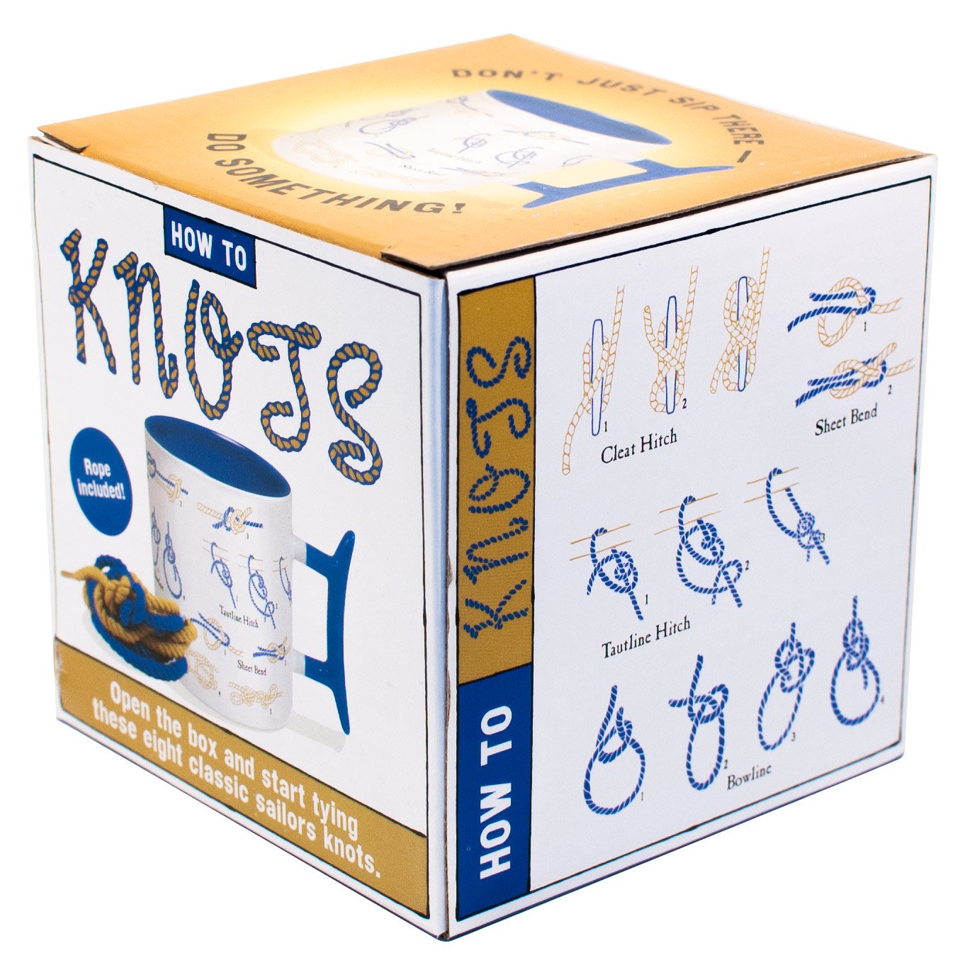 Unemployed Philosophers Guild knots mug includes blue and yellow rope for hands-on knot learning.