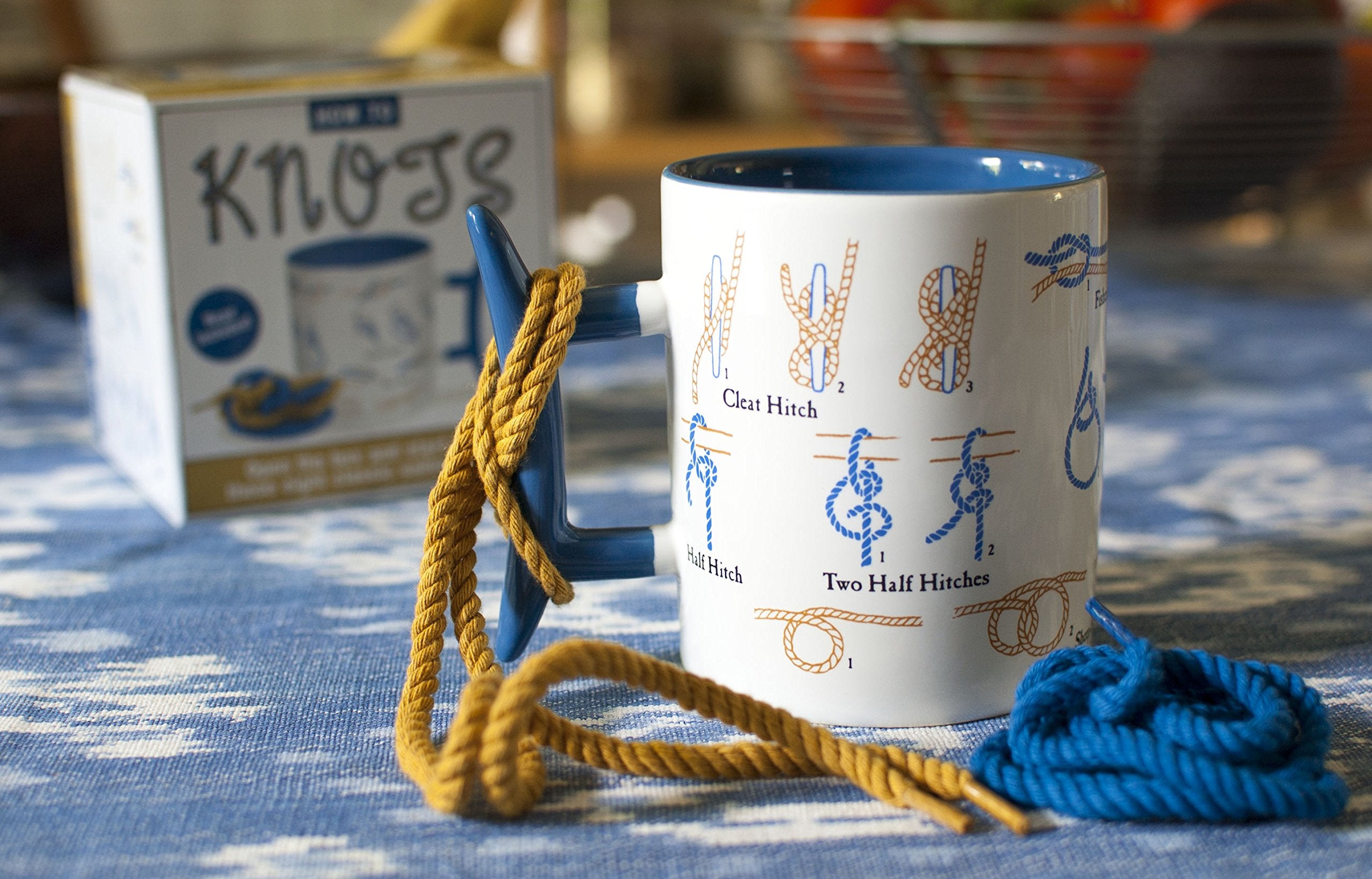 Twelve-ounce ceramic coffee cup with comfortable grip for daily knot practice.