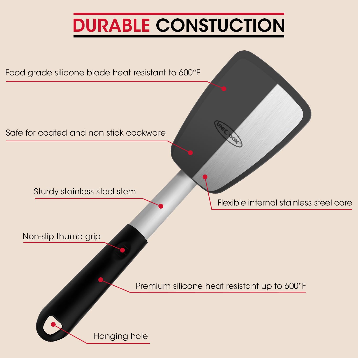 Unicook spatula 600°F heat resistance enables safe high-heat cooking