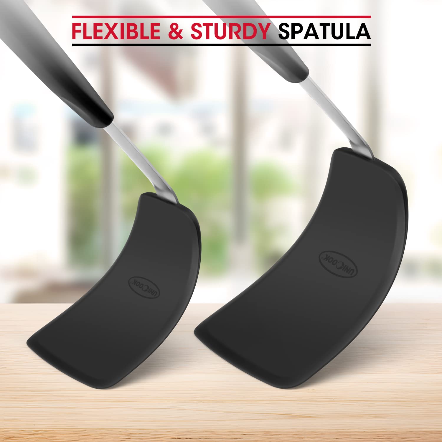Unicook angled design aids lifting delicate foods.