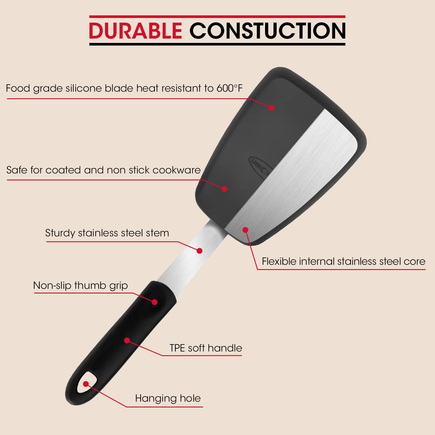 Unicook large spatula for burgers and pancakes, easy lift.