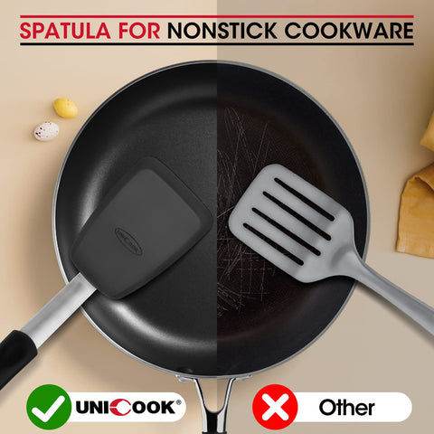 Unicook spatula with reinforced core for sturdy flipping.