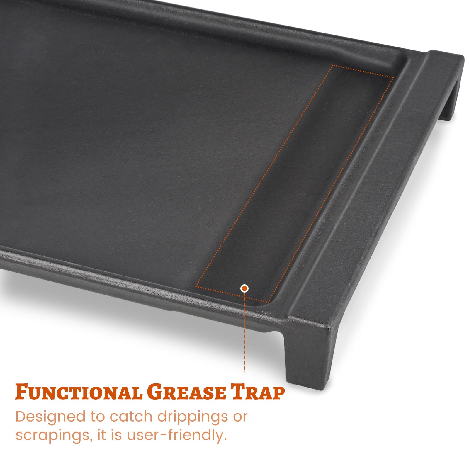 Unidanho GE stove top griddle with grease traps catching drippings.