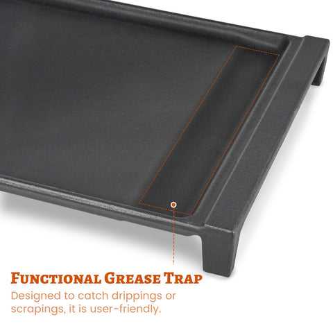 Unidanho GE stove top griddle with grease traps catching drippings.