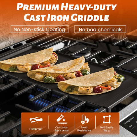 Unidanho stove top griddle seasoning guide shows nonstick setup steps.