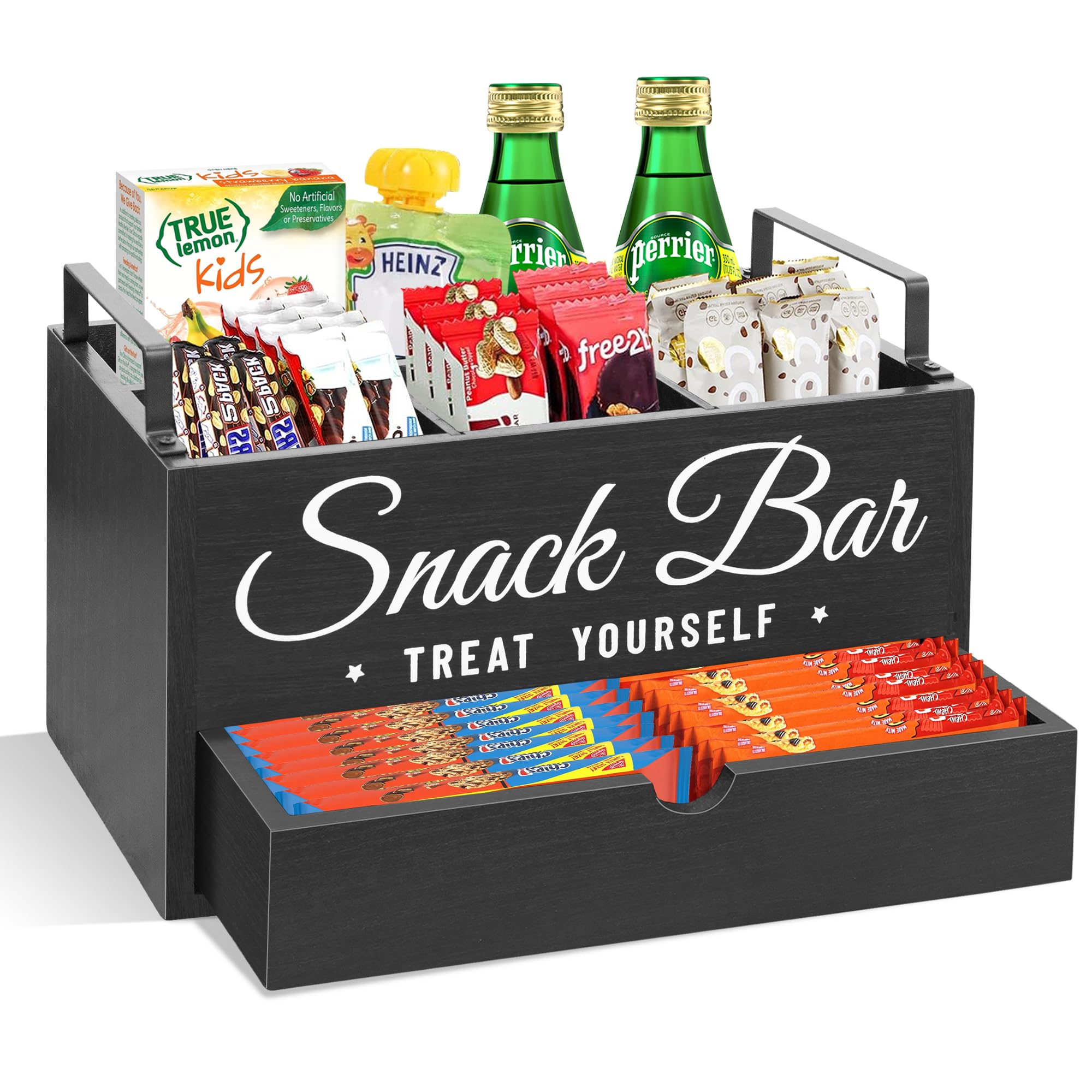 Unistyle snack organizer with four compartments and a drawer for clutter-free countertops.