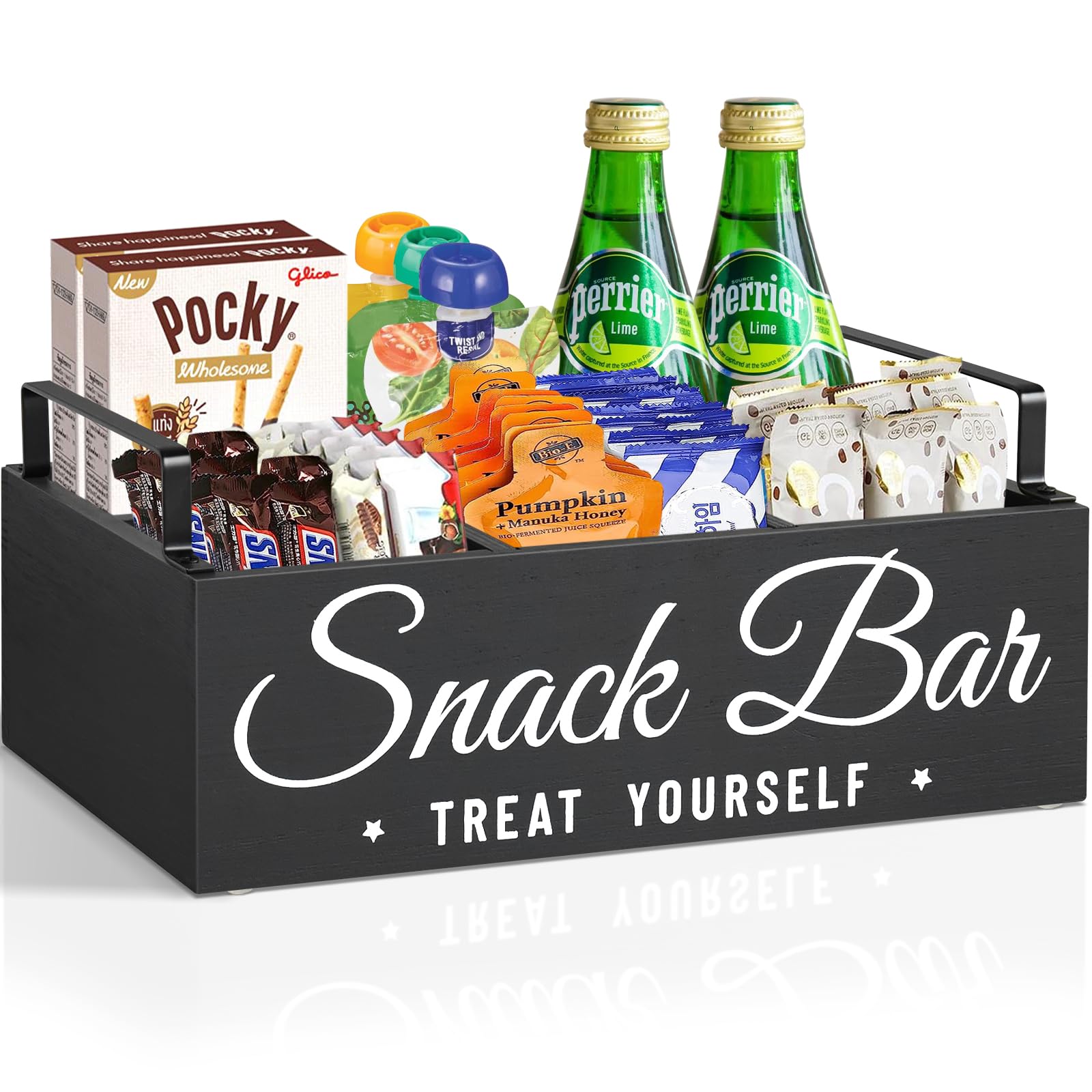 Unistyle wood pantry bin with handles, front view enables quick snack access.