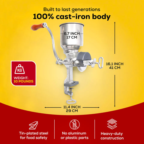 Universal Corona grain mill hand crank in action for precise control