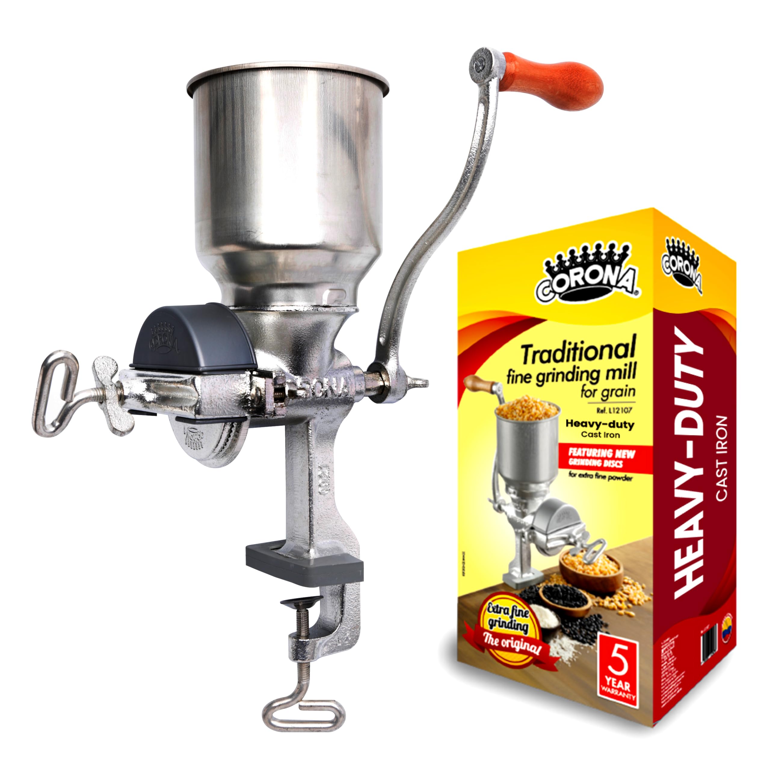 Universal Corona grain mill hopper full view for fresh corn grinding at home