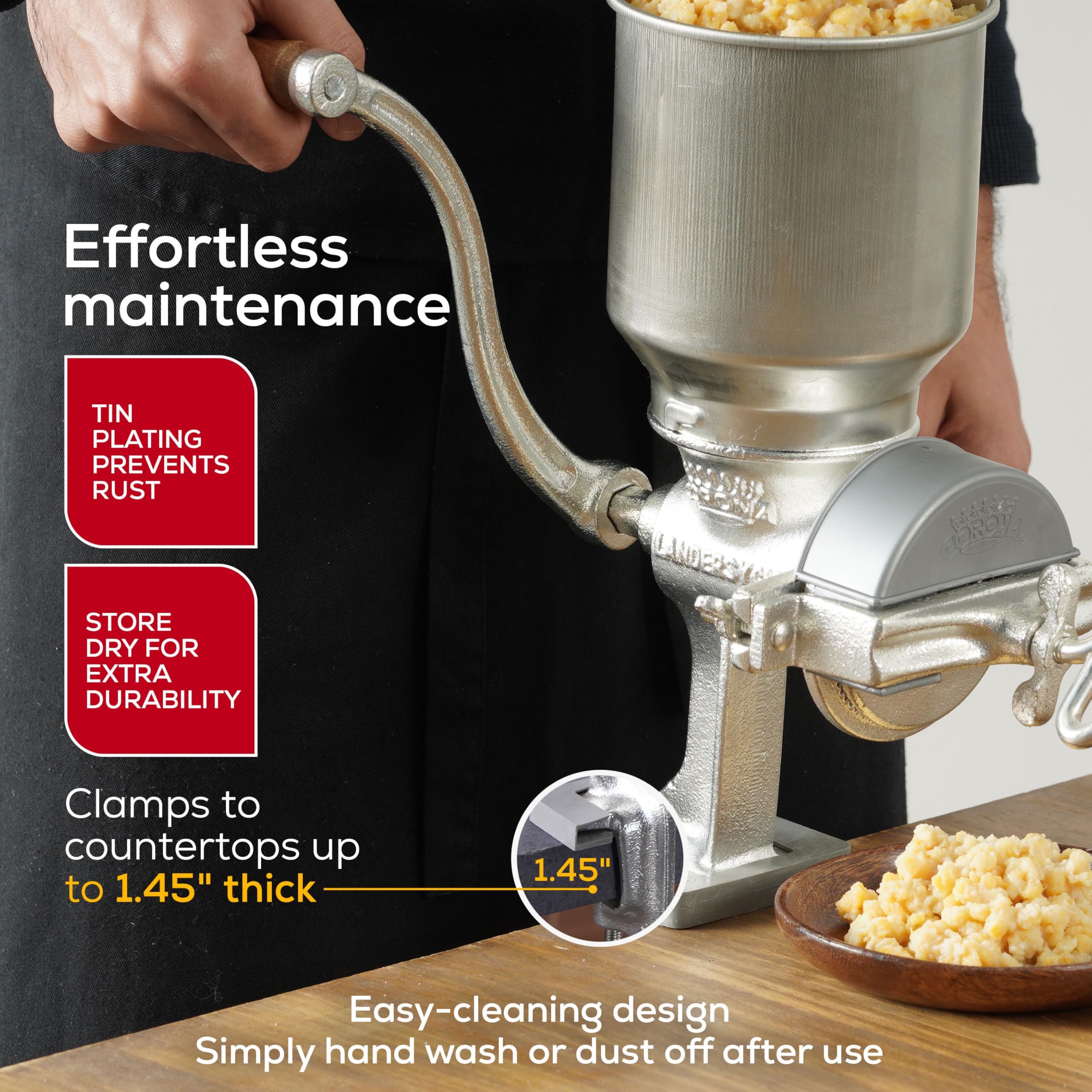 Universal Corona grain mill tin plating detail highlighting rust resistance