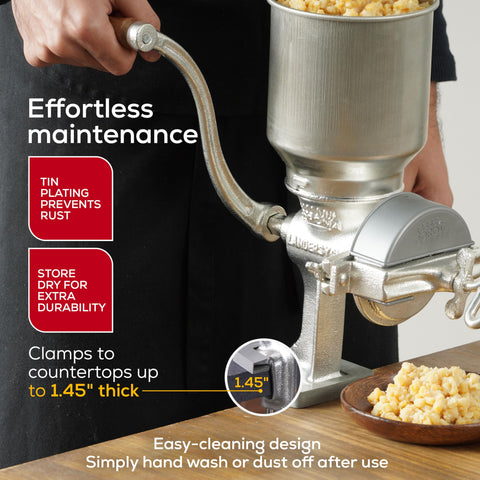 Universal Corona grain mill tin plating detail highlighting rust resistance