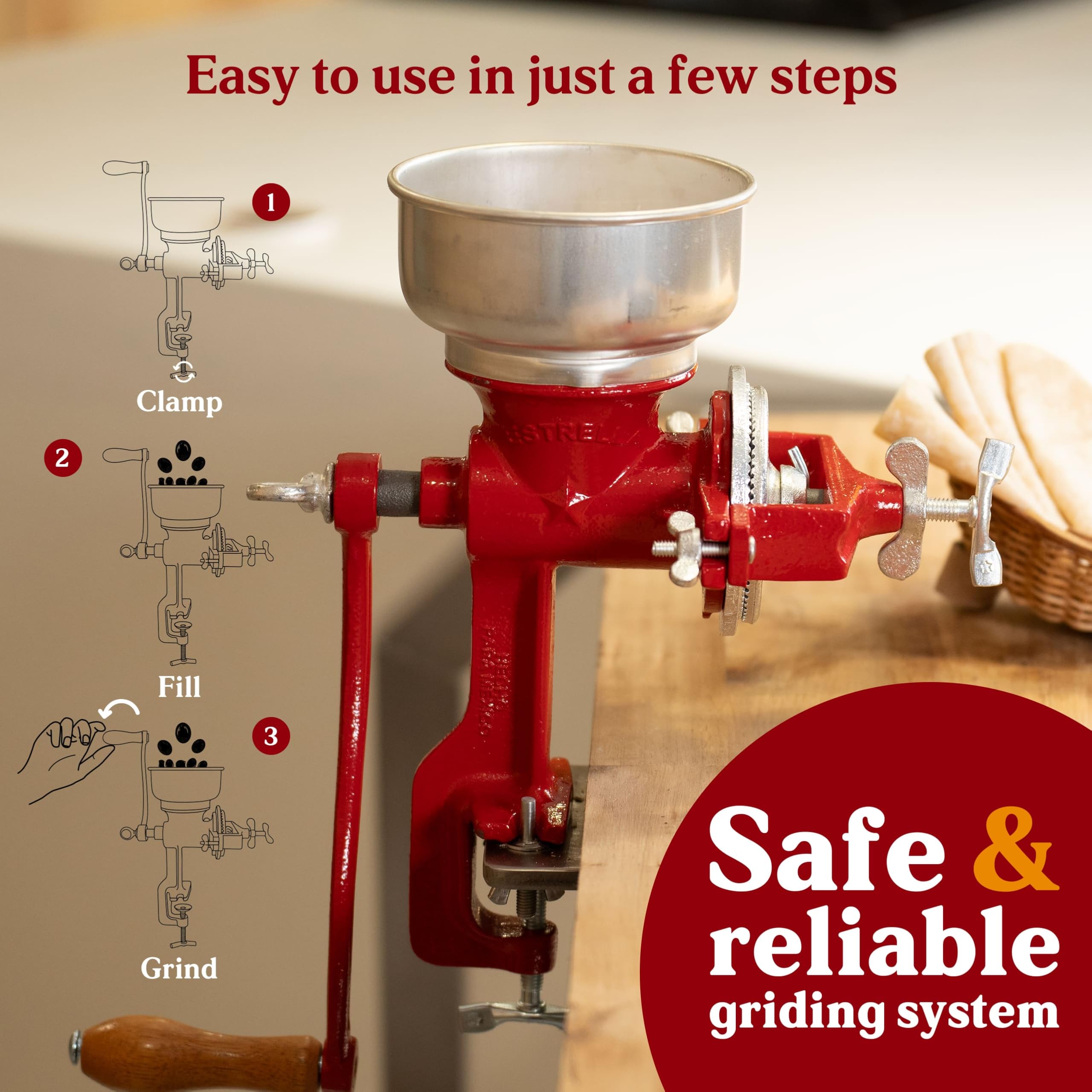 Estrella grinder action captures sound and aroma of freshly ground corn.