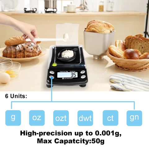 UNIWEIGH pocket scale showing two power modes for on-the-go use.