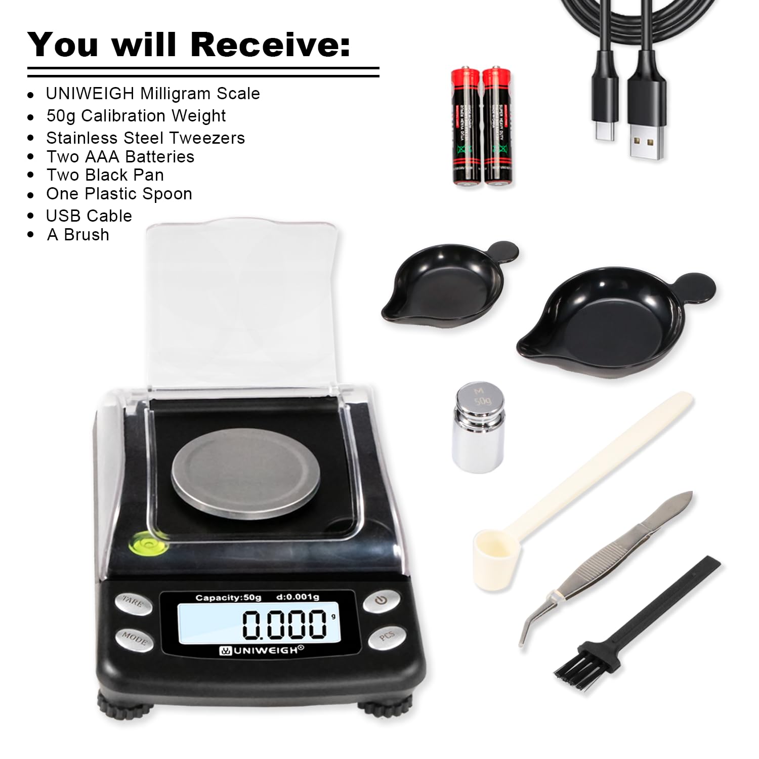 UNIWEIGH portable scale shown with USB and battery power options.