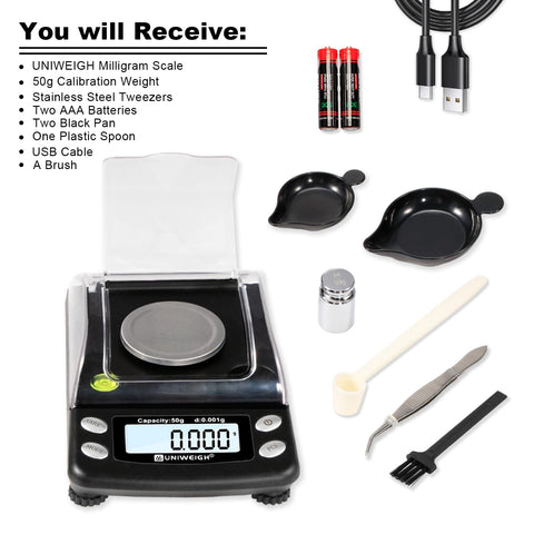 UNIWEIGH portable scale shown with USB and battery power options.