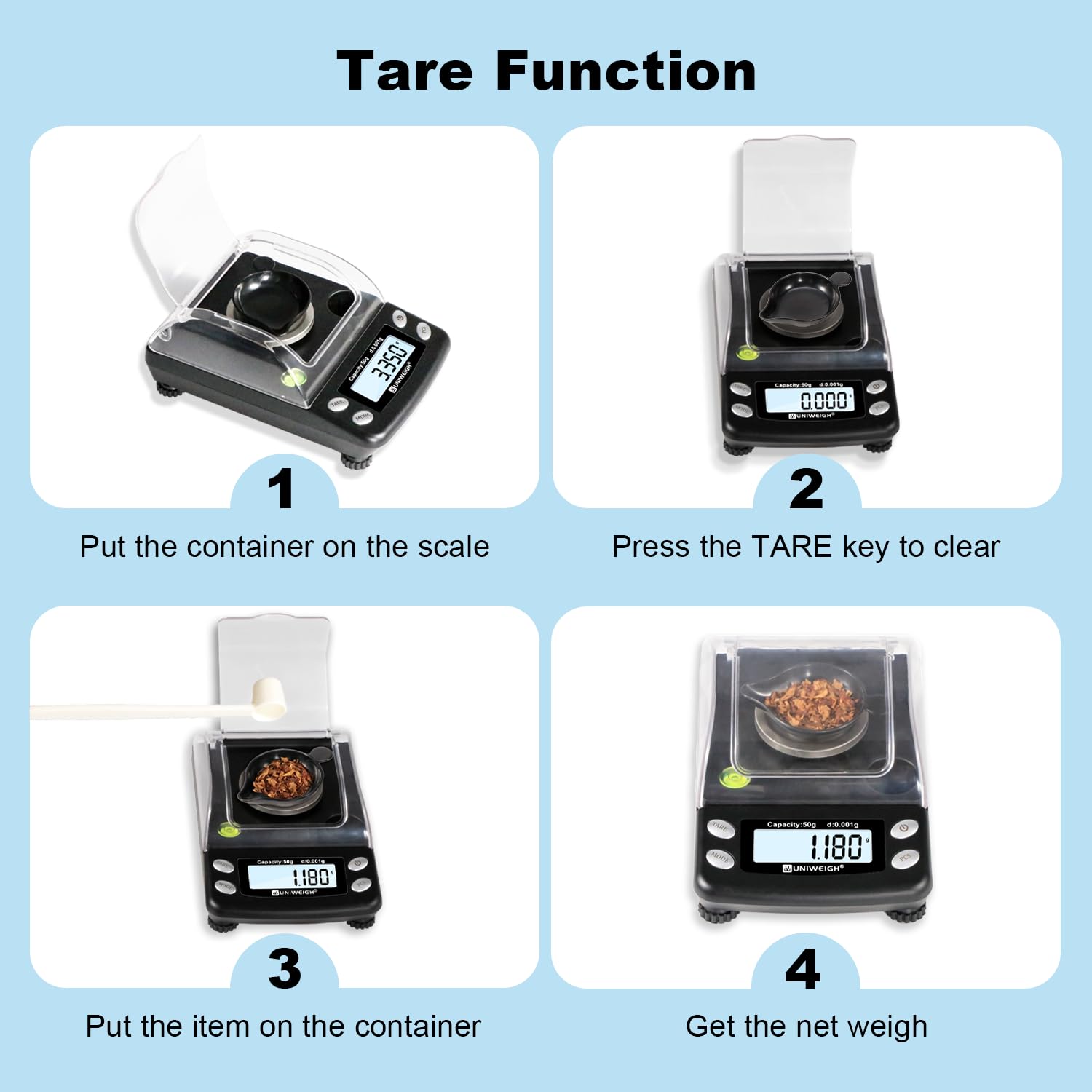 UNIWEIGH tare and calibration weights included for accurate net weight.