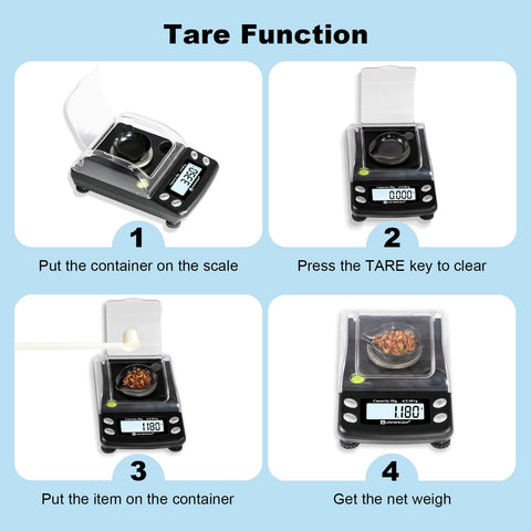 UNIWEIGH tare and calibration weights included for accurate net weight.