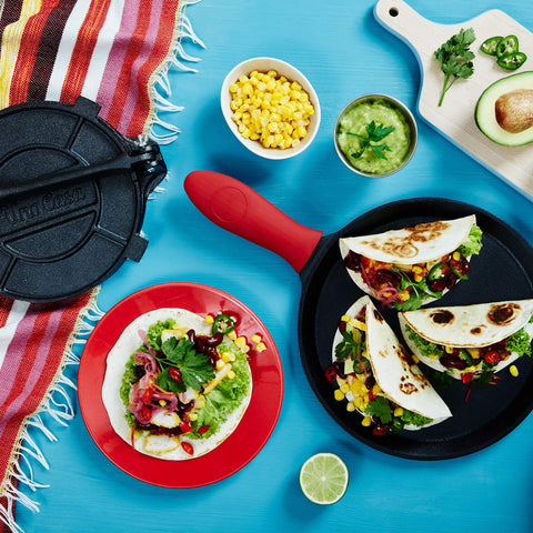 Uno Casa silicone-handle adds safety while cooking tortillas.