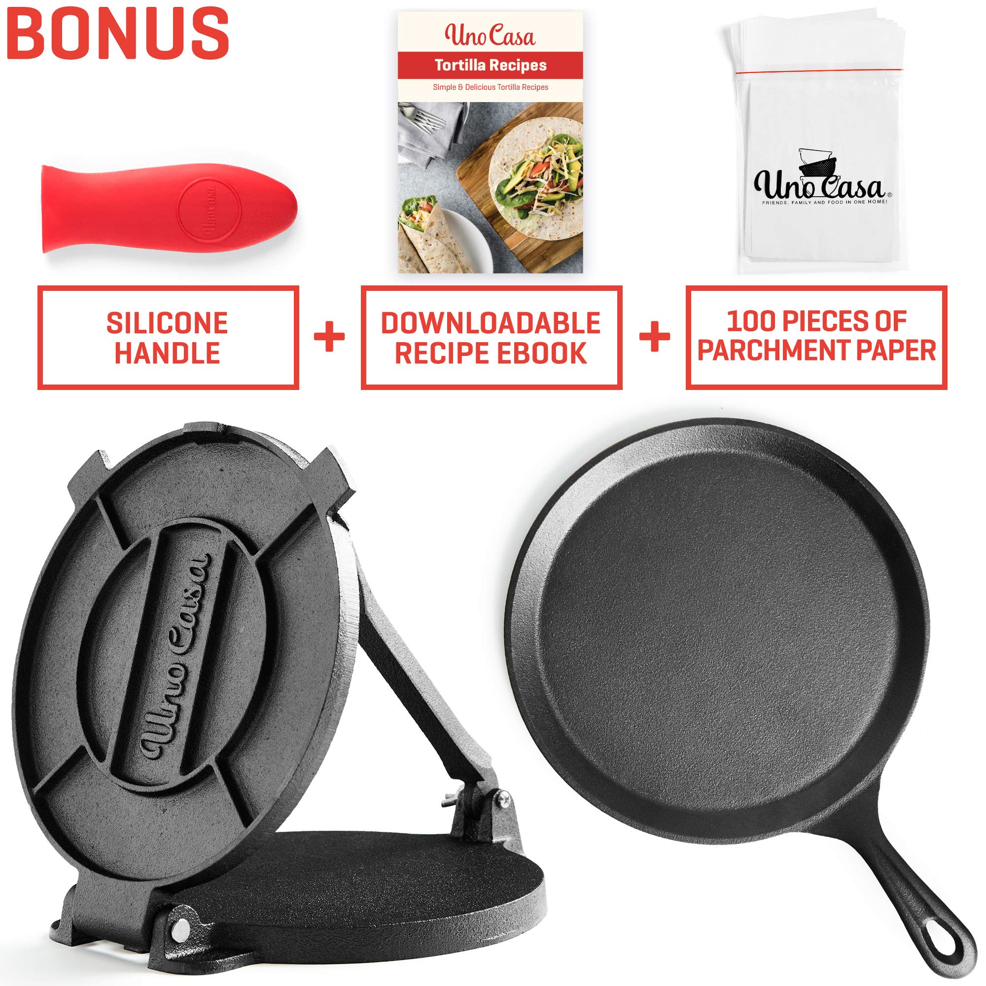 Uno Casa cast iron tortilla pan with heat-retaining design for gatherings.