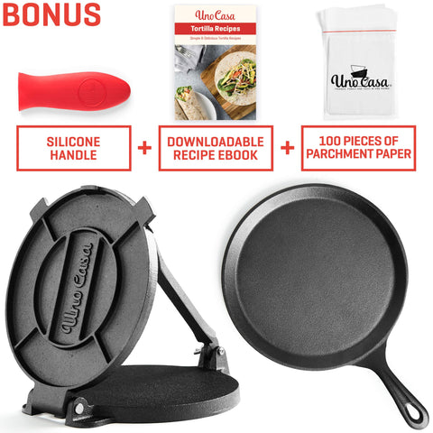 Uno Casa cast iron tortilla pan with heat-retaining design for gatherings.