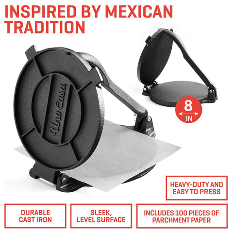Uno Casa tortilla press 8-inch close-up showing sturdy cast iron design