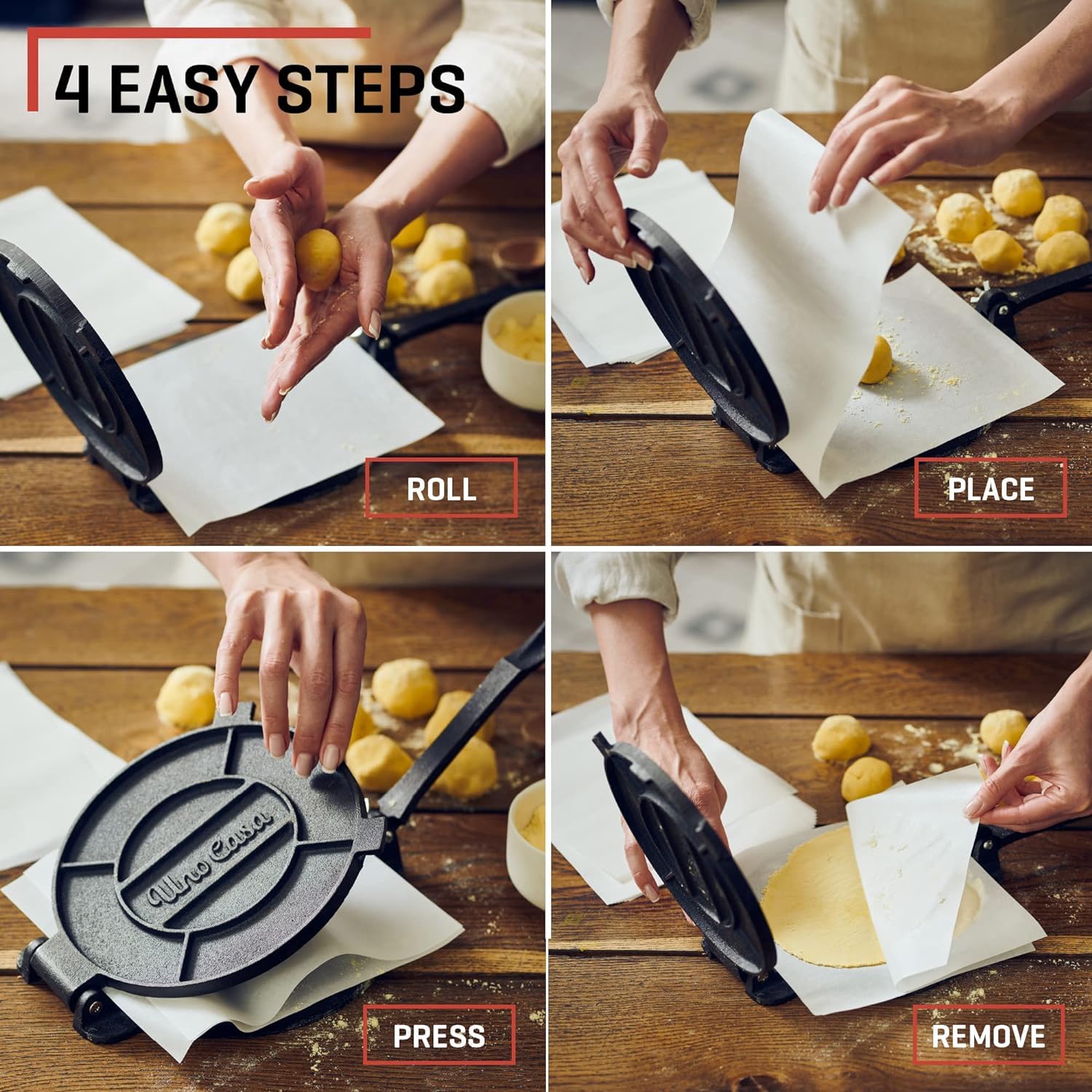 Uno Casa tortilla press suitable for rotis, empanadas, and arepas.