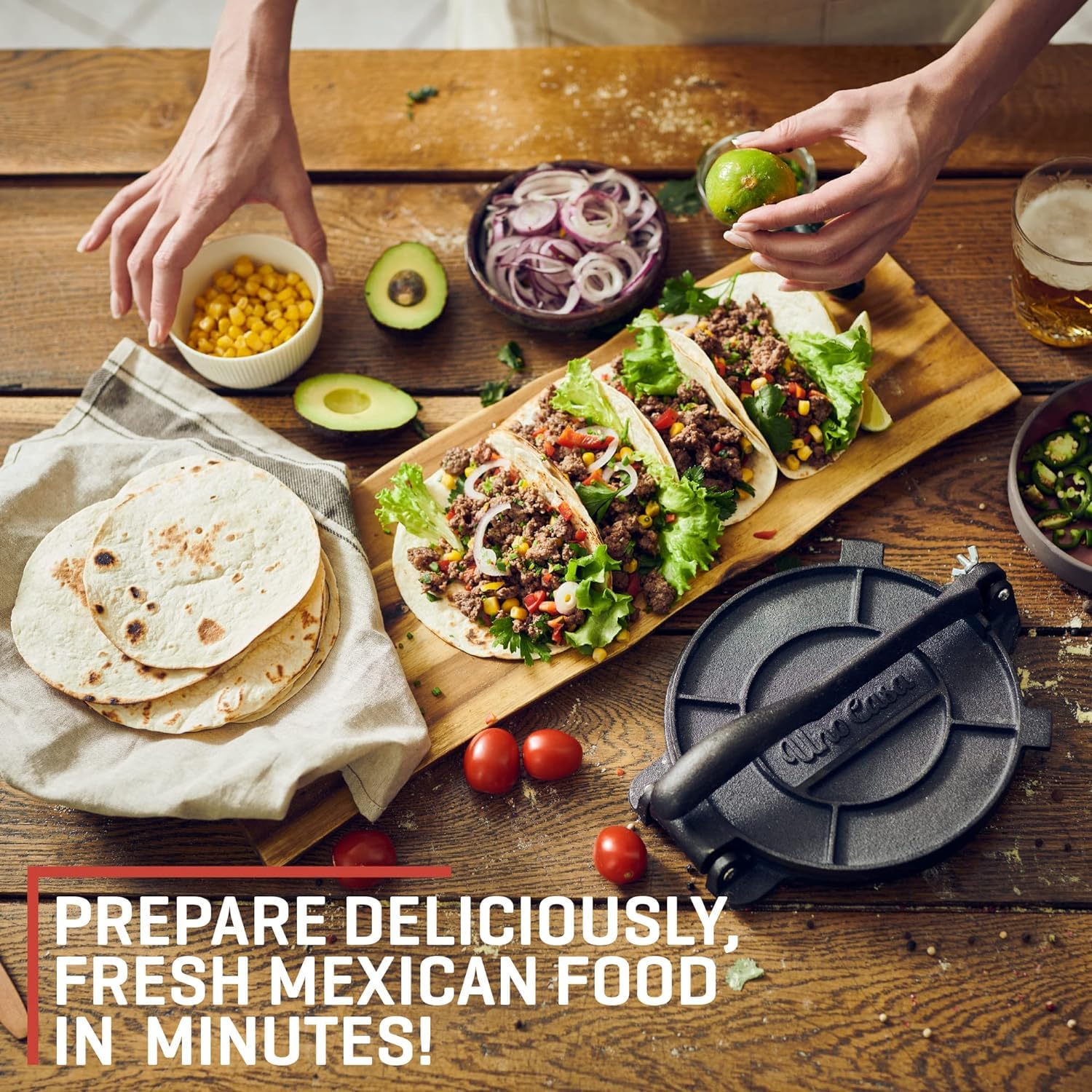 Uno Casa tortilla press makes taco night effortless with homemade tortillas.