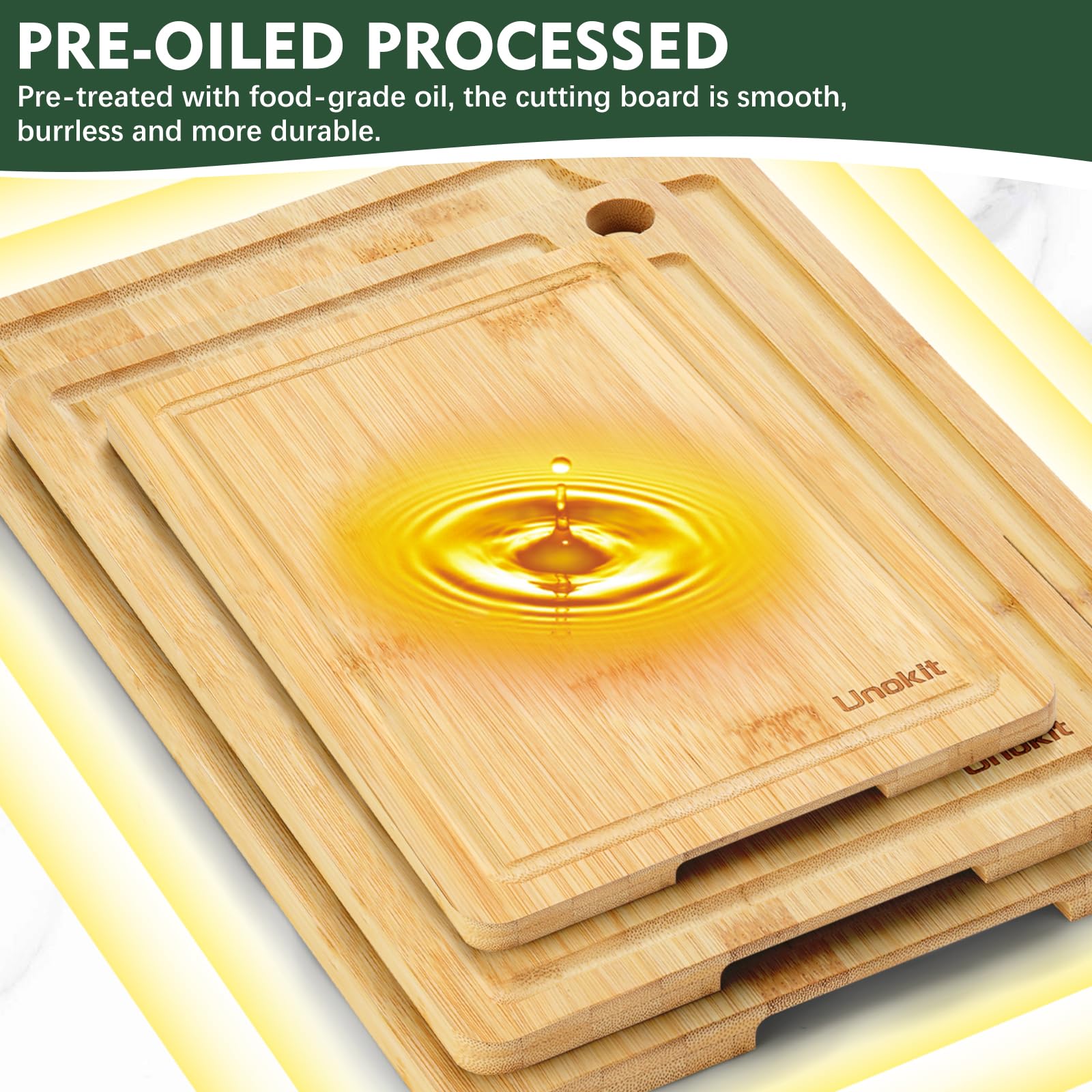 Unokit bamboo cutting board with knife-friendly surface protecting blades