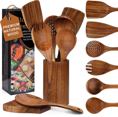 Unokit teak utensil holder showcasing organized storage with drainage