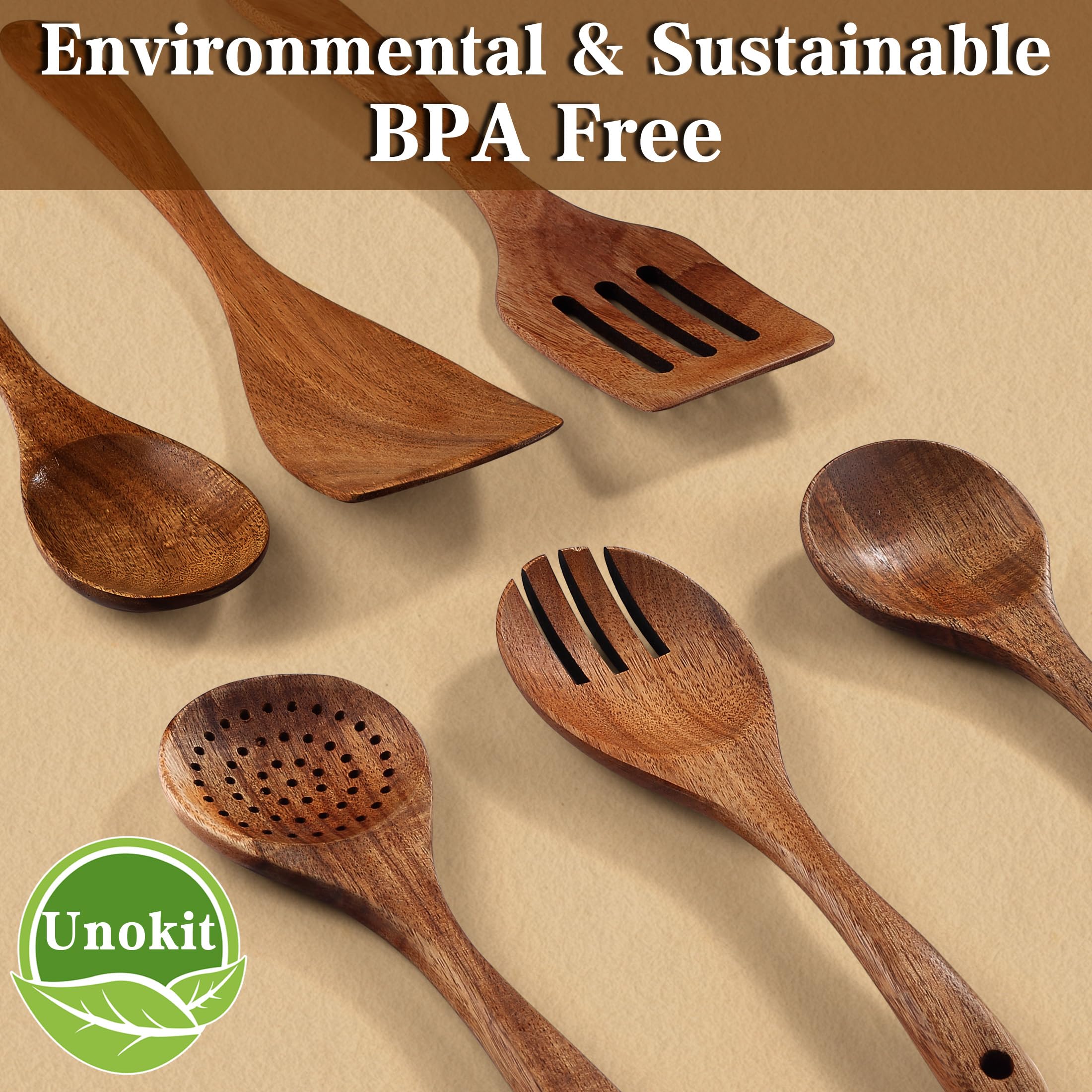 Unokit wooden slotted spoon draining liquids without scratching pans