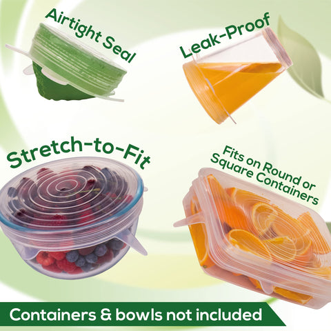Unwasted silicone lids leftovers seal prevents spills in the fridge.