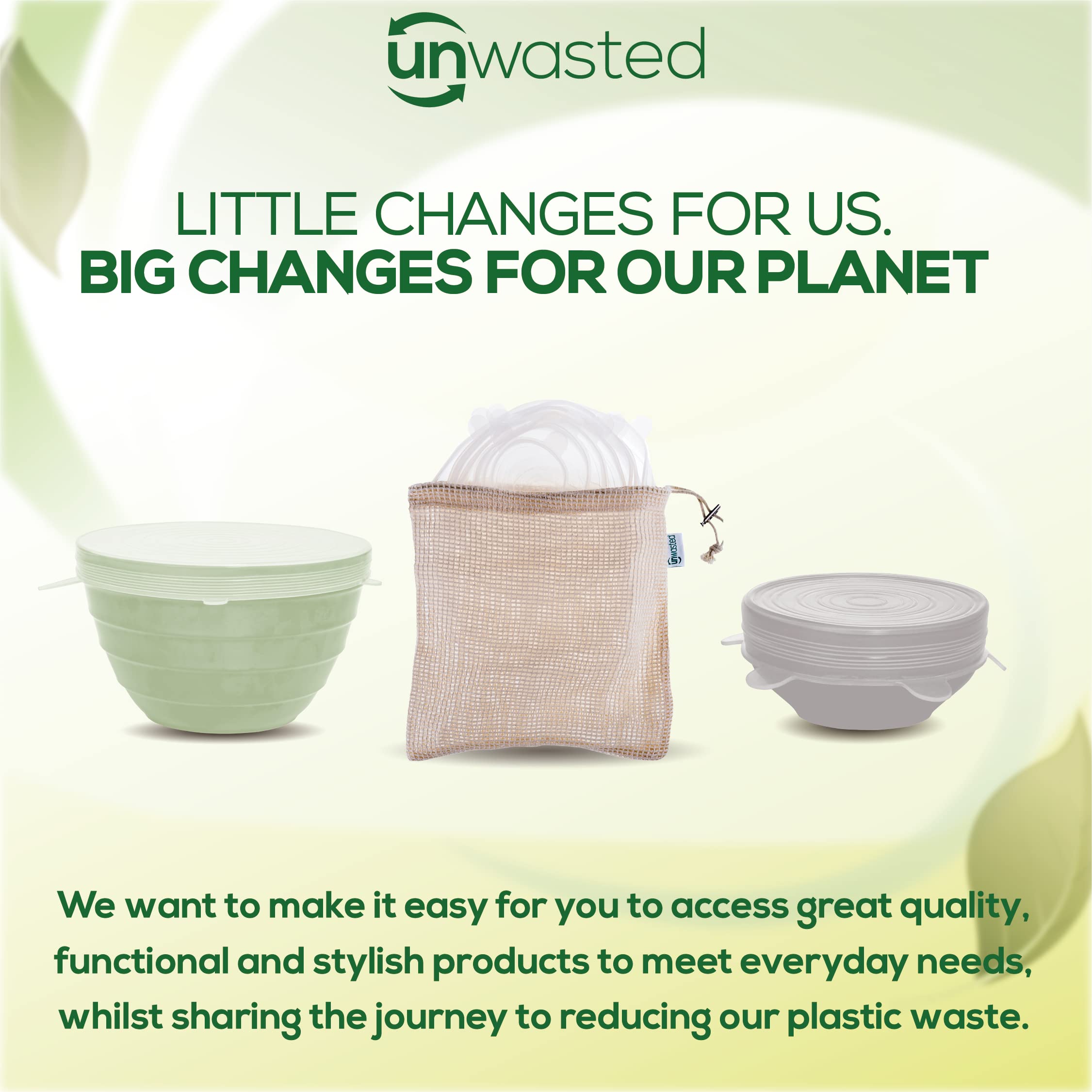 Unwasted silicone lids recyclable packaging with a cotton mesh bag for neat storage.