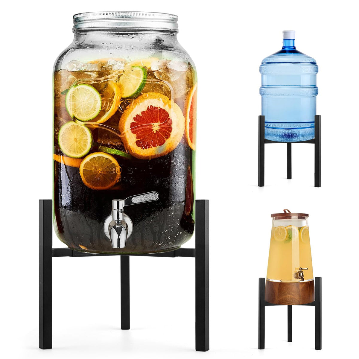 Uoveya beverage water jug stand front view showing a sturdy metal base for stable pouring
