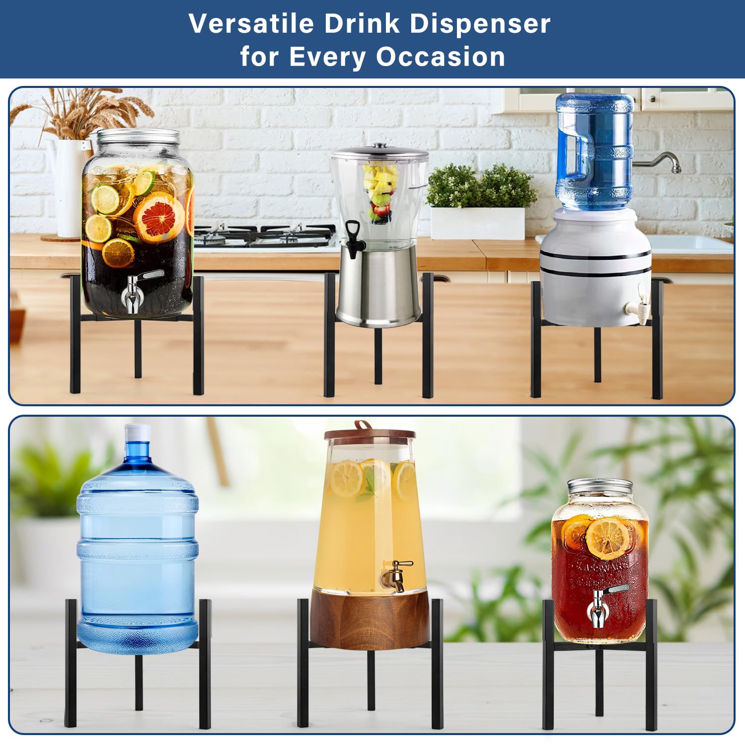 Uoveya beverage water jug stand side view highlighting adjustable width for various jars