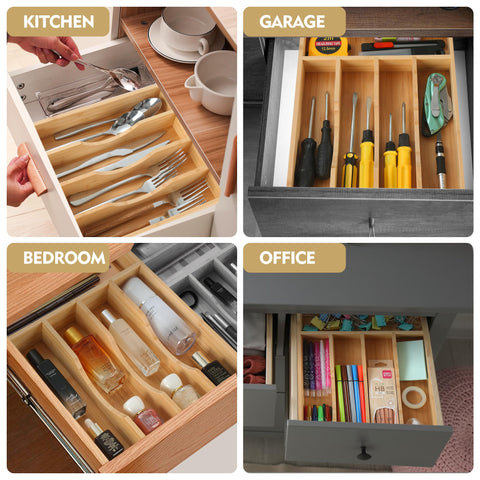 Upassion bamboo organizer in a kitchen drawer keeping cutlery tidy