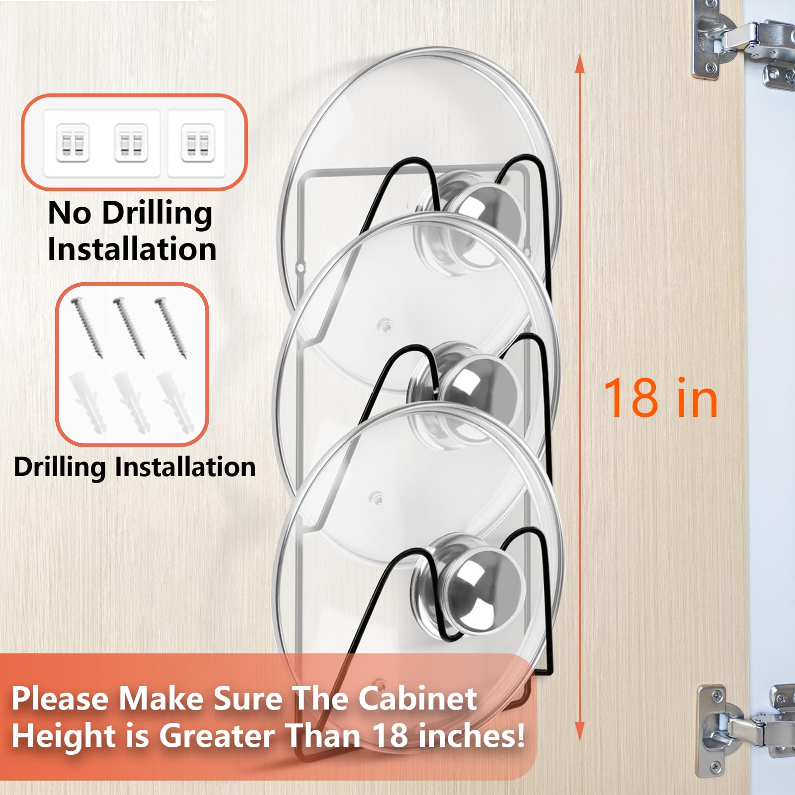 UpChoNice pot lid rack on door saves cabinet space and reduces clutter.