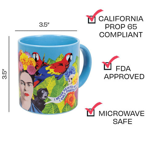 Front view of the Frida Kahlo Dreams Mug with bright, celebratory artwork.