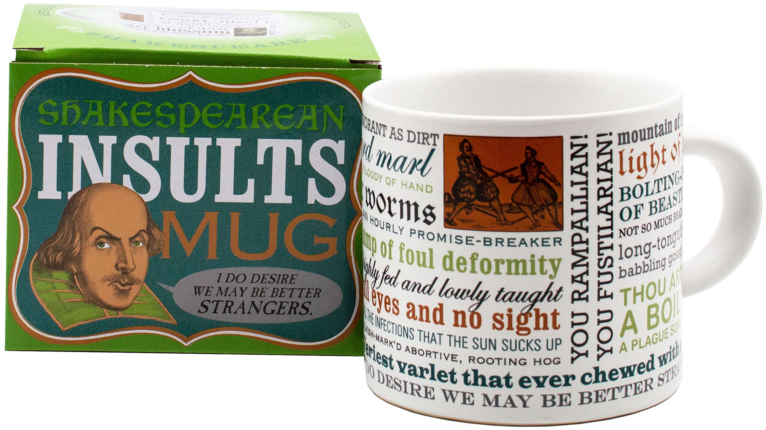 The Unemployed Philosophers Guild Shakespeare Insults Mug front view with colorful fonts for witty mornings.