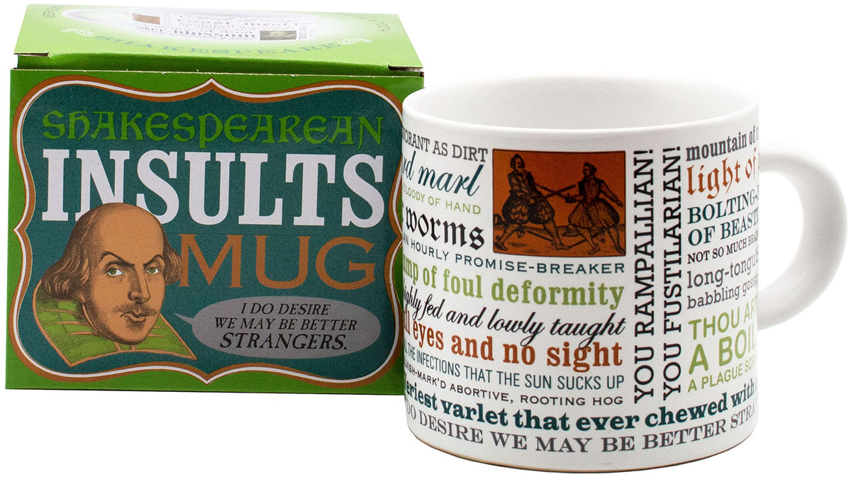 The Unemployed Philosophers Guild Shakespeare Insults Mug front view with colorful fonts for witty mornings.